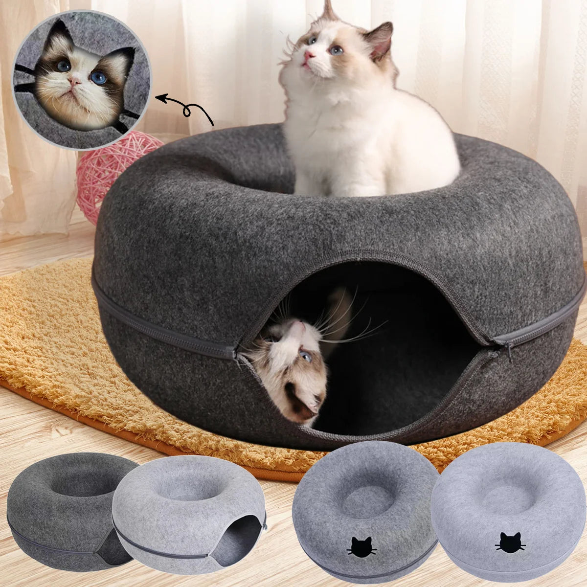 🐾Felt Donut Bed™ 2-in-1 Hide & Sleep Tunnel for Cats | UK Free Shipping